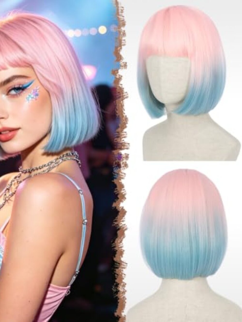 Short Bob Wigs with Flat Bangs, Straight Hair Synthetic Colorful Cosplay Daily